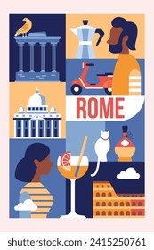 Viaje a Roma, Italia diseño moderno de afiches en un estilo geométrico de moda. Plantilla para tarjetas de felicitación, banner y fondo