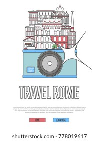 Travel Rome. Linear banner with Rome city famous sightseeing and building attraction. Photo travel tour to Italy vector illustration in white background
