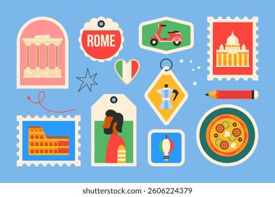 Travel to Rome modern stickers and stamps design in trendy geometrical style. Template for greeting cards, banner and background