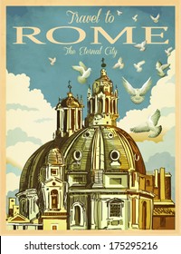 Travel to Rome Poster - Vintage travel advertisement with St. Peter's Basilica in Rome, against the white clouds and doves; hand drawn vector illustration