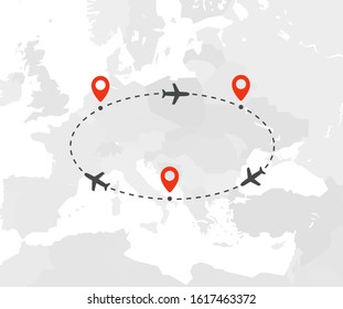 travel route in eastern and northern Europe by plane, plane with flight line and destination on Europe map vector illustration