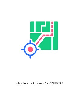 Travel route flat icon, navigation path way vector sign, GPS location position colorful pictogram isolated on white. Symbol, logo illustration. Flat style design