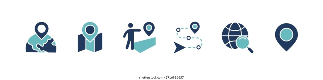 Reiseführer Globale Karte Navigation Symbol Set Pinpoint Marker Karte Position GPS Zielrichtung zur Zielposition Road Trip Navigator Schilder Vektorgrafik