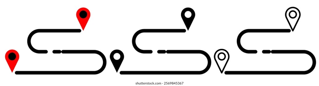travel route icon with map pin, simple flat style, illustration, logo sign symbol pictogram template, for ui or ux isolated on white for mobile app, editable	