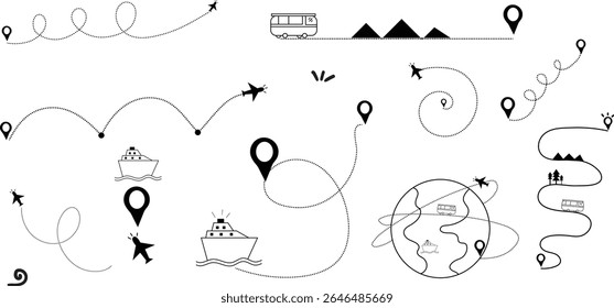 travel route line design element,Route line decoration design set,Hand Drawn design set,plane route,Bus route,Ship route,Curvy travel lines set. 