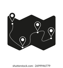 Icono de mapa de ruta de viaje. Vector de ruta de navegación. Gráfico de marcador de destino. Símbolo mínimo negro.