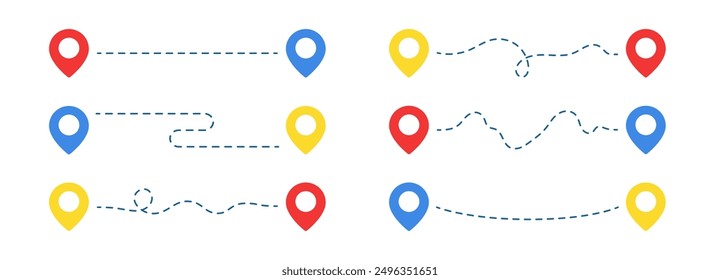 Travel route with map pin pointers vector illustration set isolated on white background