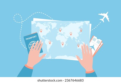 Travel route planning. Hands on world map with passport and plane tickets, top view. Flat vector illustration