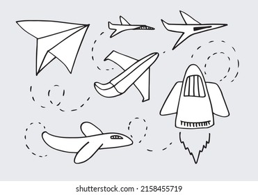 Travel, route symbol. Set of vector illustration of hand drawn paper plane. Aircraft. Isolated vector object on gray background.