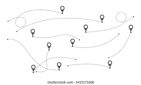 Travel routes. Dotted lines path with map pointers. Vector illustration