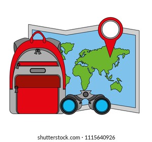 travel rucksack map location pin and binoculars