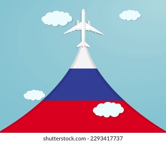 Travel to Russia by flight, destination concept, vacation in Russia, plane vector design, paper cut effect with blue sky and airplane, summer trip idea, country tourism banner