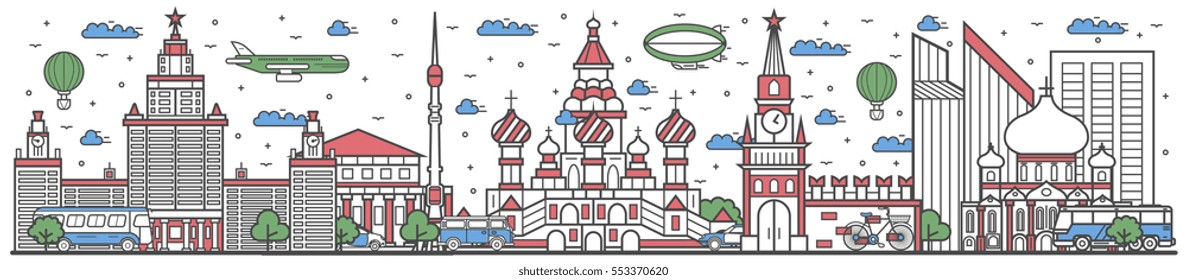 Travel Russia landmark banner vector illustration. World tour in Russia travel concept with famous modern and ancient architectural attractions. Must see Russia landmark panorama, tourist travel ad