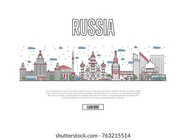 Travel Russia poster with architectural attractions in linear style. Worldwide traveling and time to travel concept. Moscow skyline with famous landmarks, country touristic trip vector background.