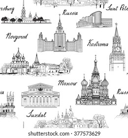 Travel Russia seamless engraved architectural pattern. Famous Russian cities and monuments. Landmarks of Moscow, Saint Petersburg, Suzdal, Kolomna and other russian cities. Travel background.