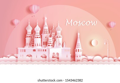 Travel Russia top world famous symbol ancient architecture. Modern business brochure design on pink color background.Tour moscow landmark of europe with paper origami.Vector illustration for postcard.