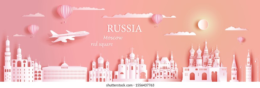 Travel Russia top world famous symbol ancient architecture. Modern business brochure design on pink color background.Tour moscow landmark of europe with paper origami.Vector illustration for postcard.