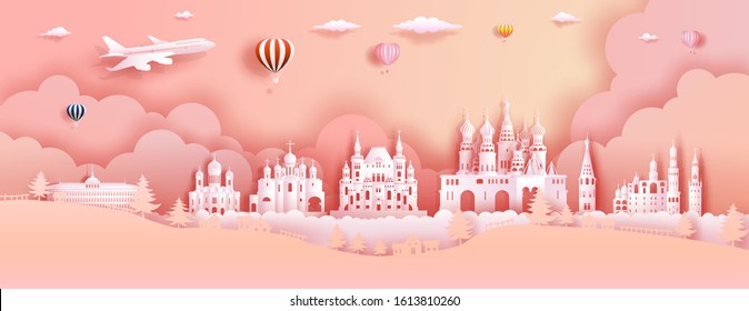 Travel Russia top world famous castle ancient architecture and palace. Modern business brochure design on pink color background.Tour moscow landmark of europe with paper origami.Vector illustration.