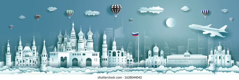 Travel Russia top world famous city ancient and palace architecture. Tour moscow landmark of europe with paper cut. Modern business brochure design for advertising, tour, travel.Vector illustration.