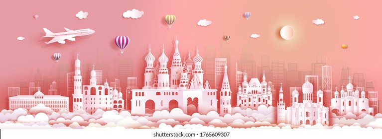 Travel Russia top world famous symbol ancient architecture for wallpaper. Modern design on pink color background.Tour moscow landmark of europe with paper origami.Vector illustration for postcard.