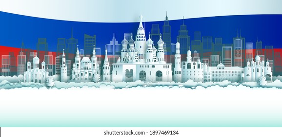 Travel Russia top world famous city ancient and palace architecture. Tour moscow landmark of europe with russia flag background. Modern business brochure design for advertising, tour, travel.
