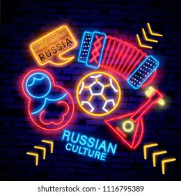 Travel to Russia. Welcome to Russia. design template, neon style logo, bright night signboard, light banner. Vector