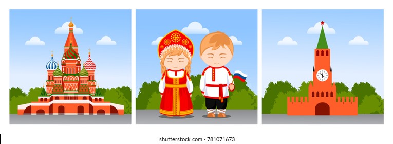 Travel to Russia. Woman and man with flag, people in national costumes, Kremlin, St. Basil's Cathedral. Set of flat vector illustrations.