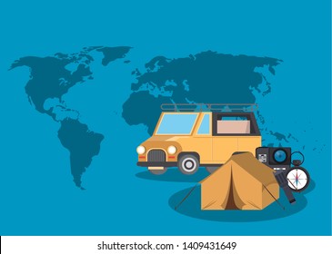 Travel safara truck tent and camera with navigation compass on world map background vector illustration graphic design