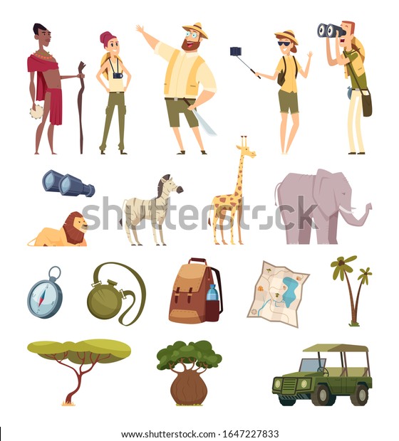 Travel safari. African wildlife\
adventure elements jungle animals cars compass bag\
pack