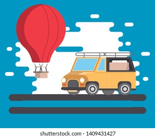 Travel safari car with hot air balloon cartoons vector illustration graphic design