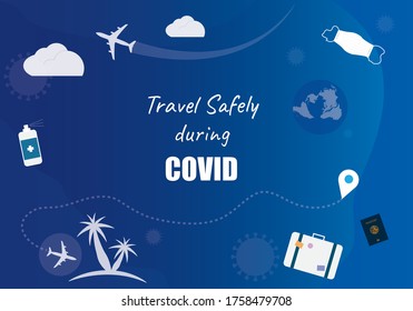 Travel safely during COVID background vector graphic illustration. Web banner graphic element for disinfectant traveling concept