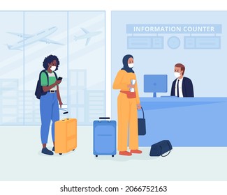 Travel safety for flight flat color vector illustration. Women with tickets waiting in line for check in. Passengers in face masks 2D cartoon characters with airport terminal interior on background