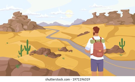 Travel in Sahara desert, man traveler observe beautiful landscape on savanna, rocky mountains and green cactus plants. Back view of guy with rucksack watch on road in sand, outdoor adventure