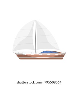 Travel sailboat side view isolated icon. Marine passenger cruise ship, worldwide yachting, nautical sport competition, sea or ocean vessel vector illustration.