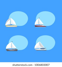 Travel sailboats isolated labels with space for text. Marine passenger cruise ships, worldwide yachting, nautical sport competition collection. Luxury and speedy sail yachts vector illustration.