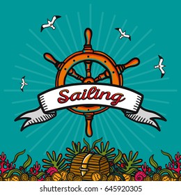 Travel and sailing. Sea adventures. Hand-drawn vector image on a blue background