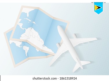 Travel to Saint Lucia, top view airplane with map and flag of Saint Lucia. Travel and tourism banner design.