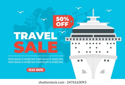 Travel sale 50% off discount. Cruise travel modern concept design flat banner. Vector illustration