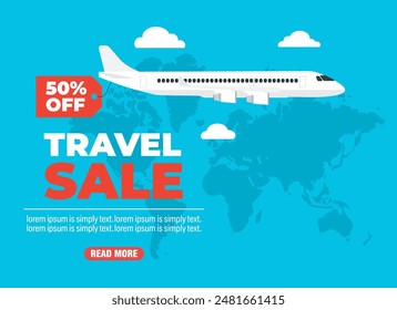 Travel sale 50% off discount. Travel modern concept design flat banner. Vector illustration