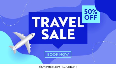 Travel Sale Advertising Banner With Airplane On Blue Background, Design For Trip Off, Shopping Discount. Social Media Promo Content Ad, Off Poster, Flyer, Book Now Card Template. Vector Illustration