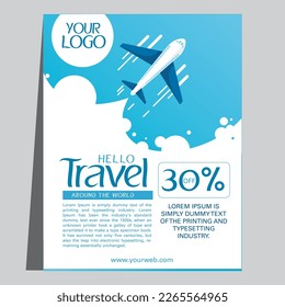 Travel sale banner with blue tag. Hot fares for domestic and International flights. Greatest deal on sale flights, book hotels online. Cheap travel offer.