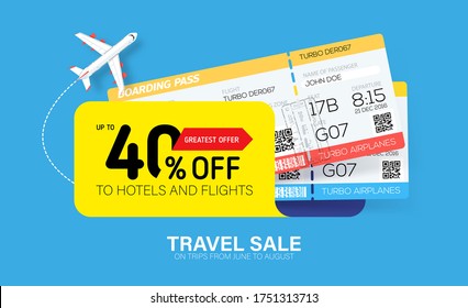 Travel sale banner with yellow tag and tickets. Hot fares for domestic and International flights. Greatest deal on sale flights, book hotels online. Cheap travel offer.