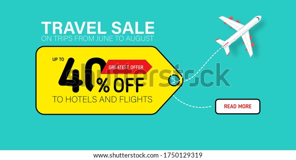 Travel sale banner with\
yellow tag. Hot fares for domestic and International flights.\
Greatest deal on sale flights, book hotels online. Cheap travel\
offer.