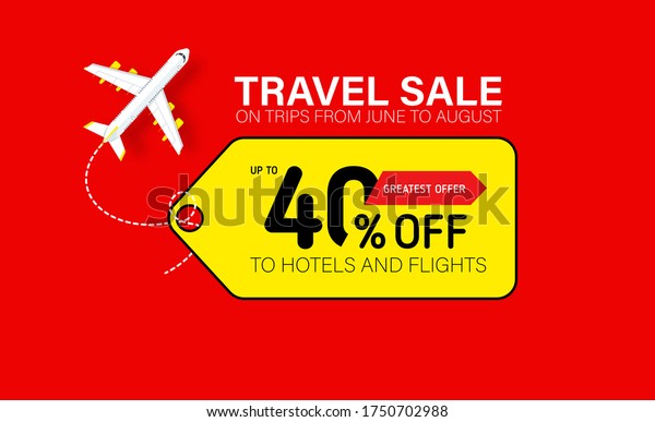 Travel sale banner with\
yellow tag. Hot fares for domestic and International flights.\
Greatest deal on sale flights, book hotels online. Cheap travel\
offer.