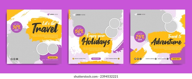 Travel sale business or summer beach holiday promotion social media post or web banner template. Traveling, tourism or winter tour online marketing flyer with grunge paint brush stroke background.