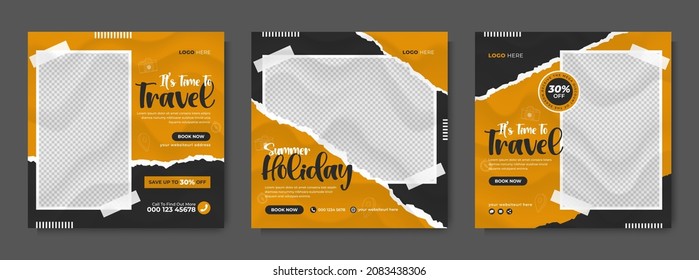 Travel sale business or summer holiday beach tour promotion social media post template design with abstract background, logo and icon. Travelling and tourism marketing web banner, poster and flyer.