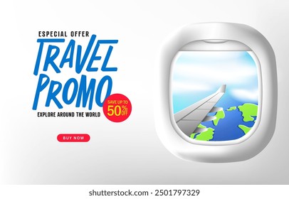 Diseño realista 3D del anuncio promocional de la venta del viaje. Ilustración vectorial