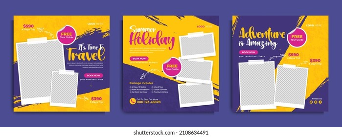 Travel sale social media banner post template design with agency logo, icon and abstract background for travelling business marketing. Summer beach holiday online promotion poster. Traveling flyer.