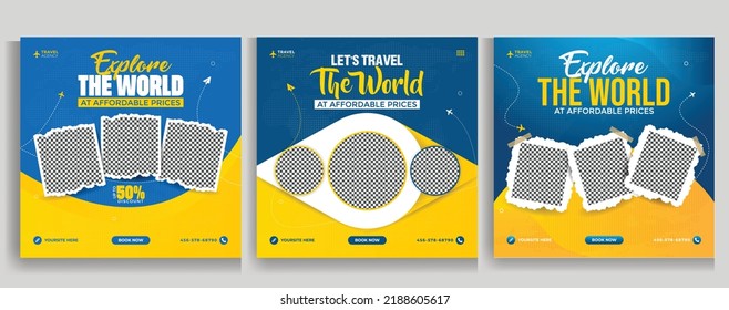 Travel sale social media banner post template design with agency logo,abstract background for traveling business marketing. 
holiday and tour advertising banner design.
Traveling social media flyer.