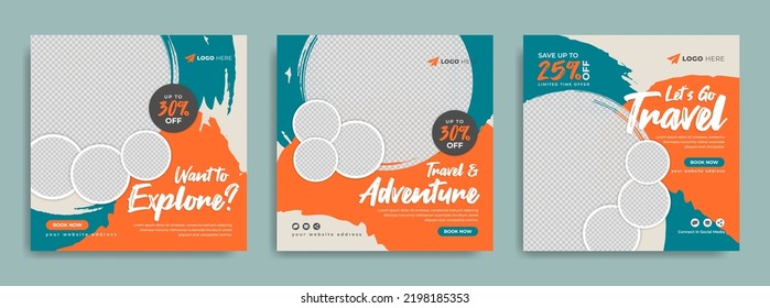 Travel Sale Social Media Banner Post Template With Abstract Background, Logo And Business Icon. Traveling, Tour And Tourism Marketing Flyer. Summer Holiday Travelling Poster With Paint Brush Stroke.